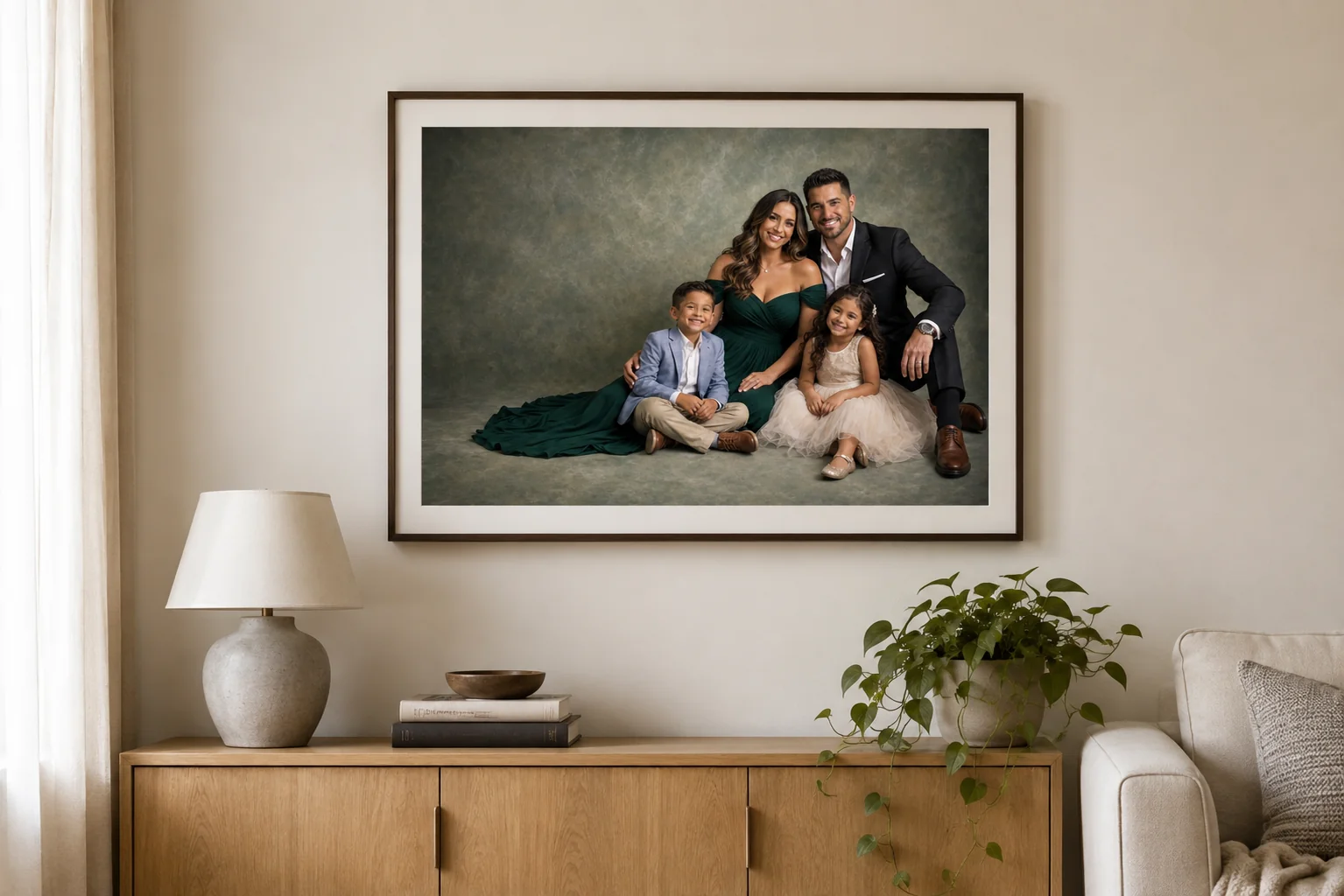 Illustrative framed family portrait above an oak sideboard in a bright everyday home