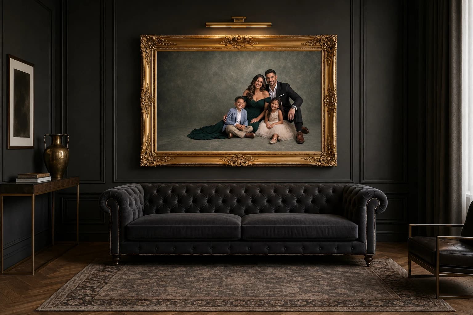 Illustrative family portrait artwork above a sofa in a dark living room