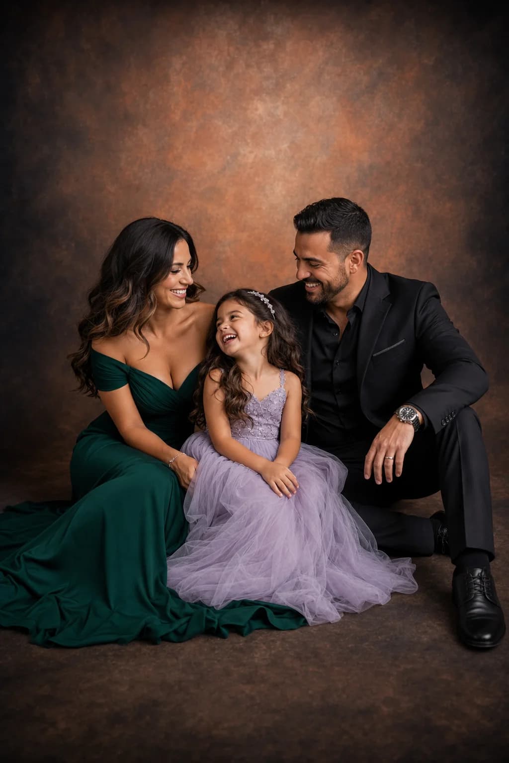 Family seated together against a warm copper backdrop