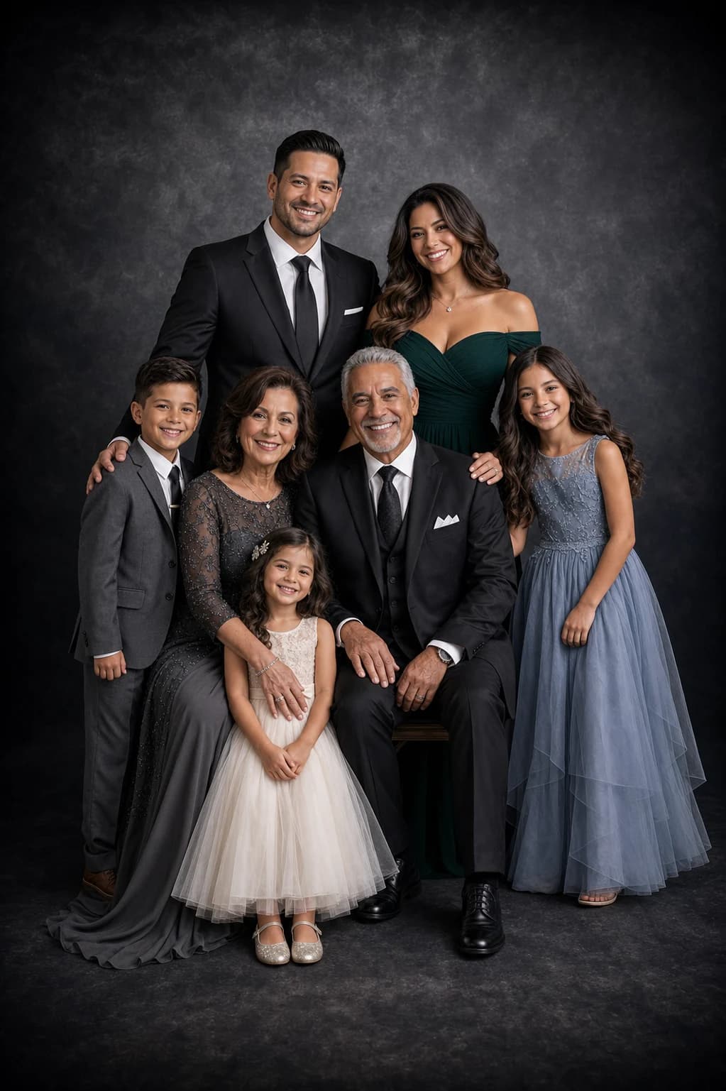 Three generations gathered in a charcoal studio setting