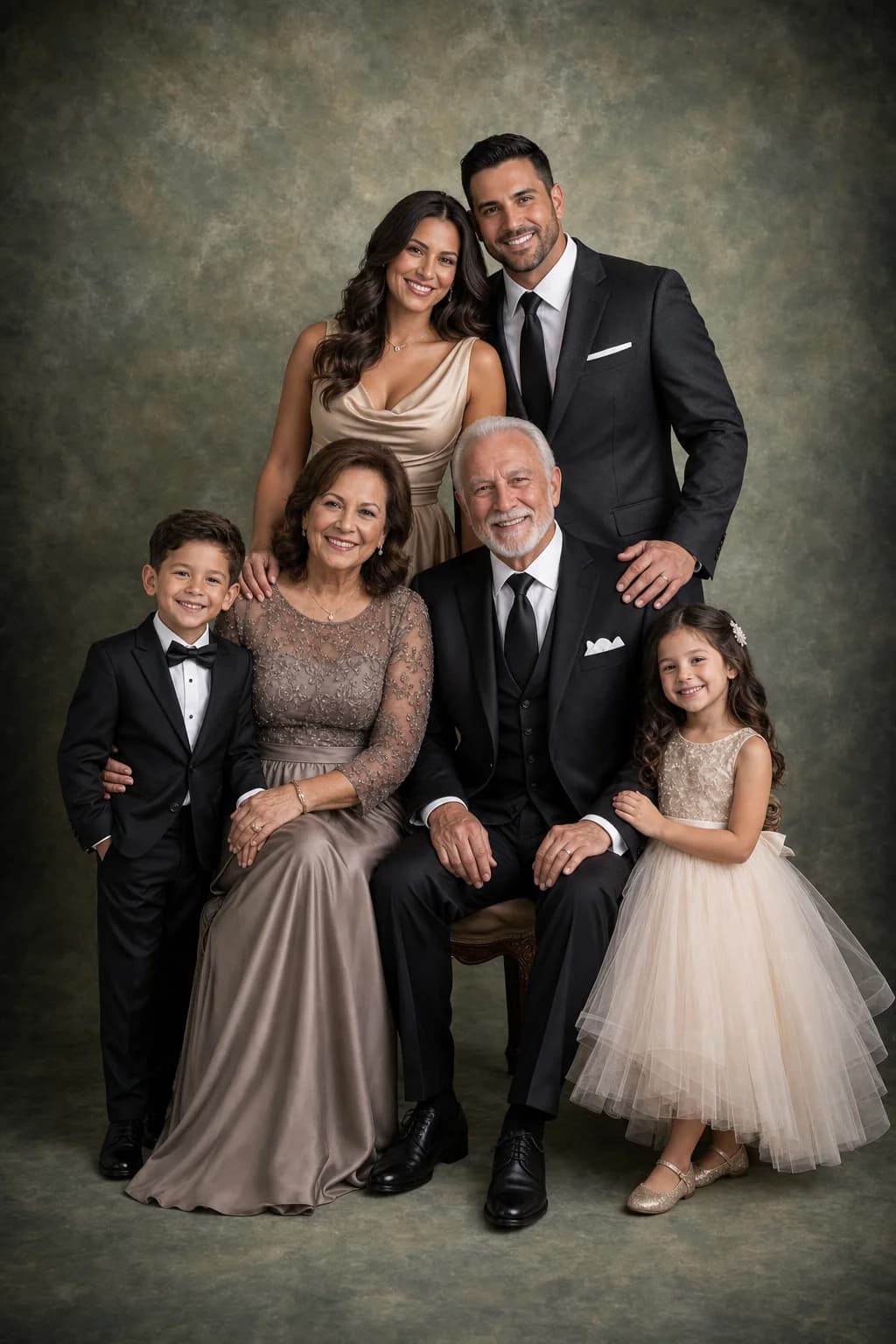 A multigenerational family portrait against a sage backdrop
