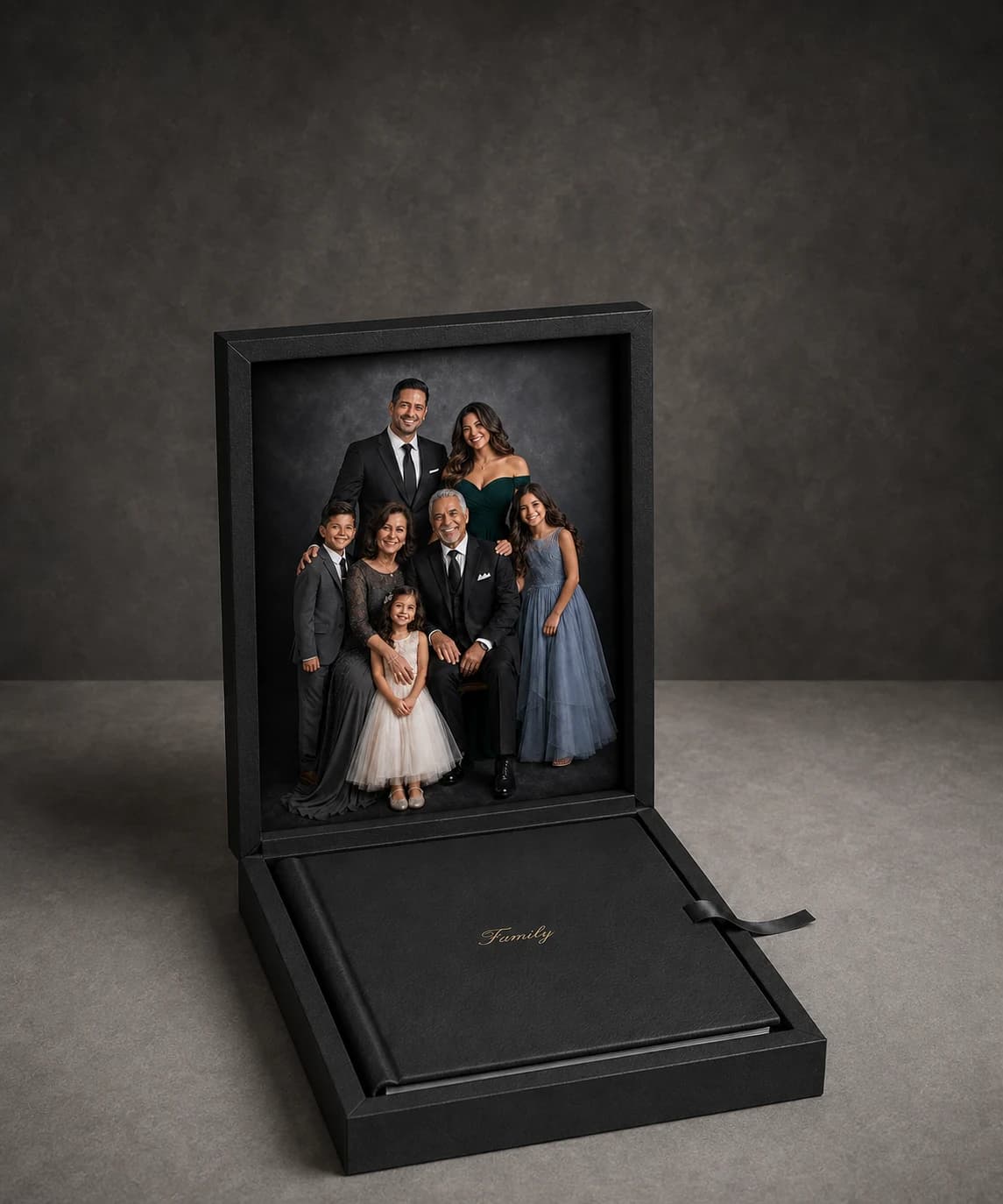 Illustrative Allure album set with a family image inside the upright hinged box lid