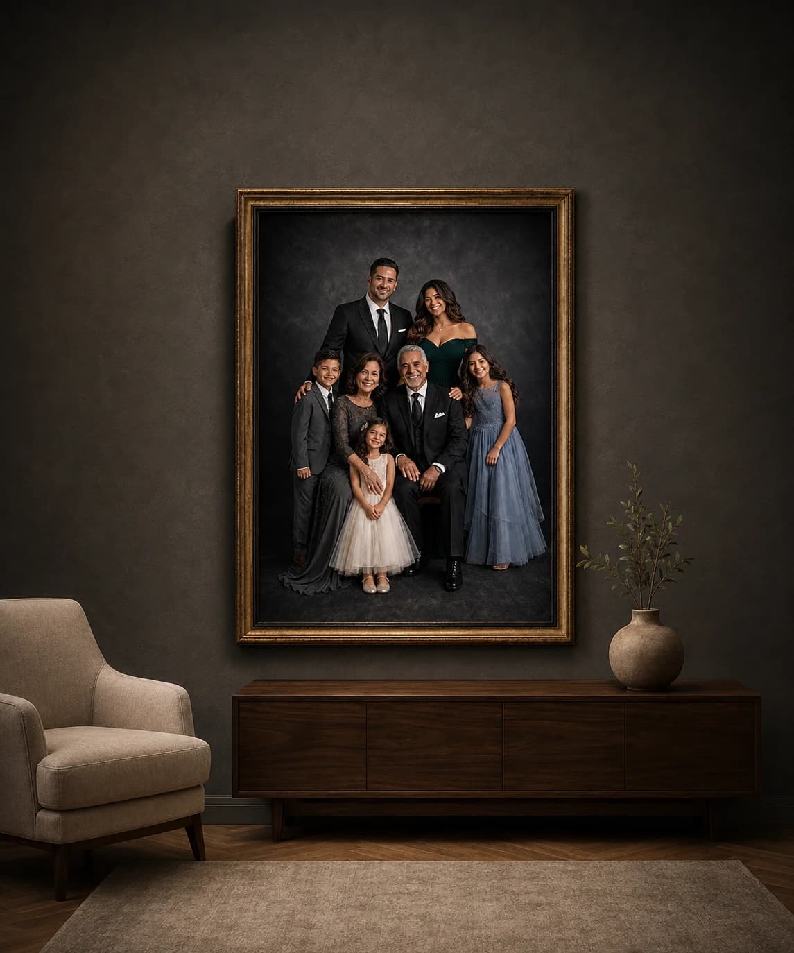 Illustrative full-length family portrait in a gold frame above a walnut console