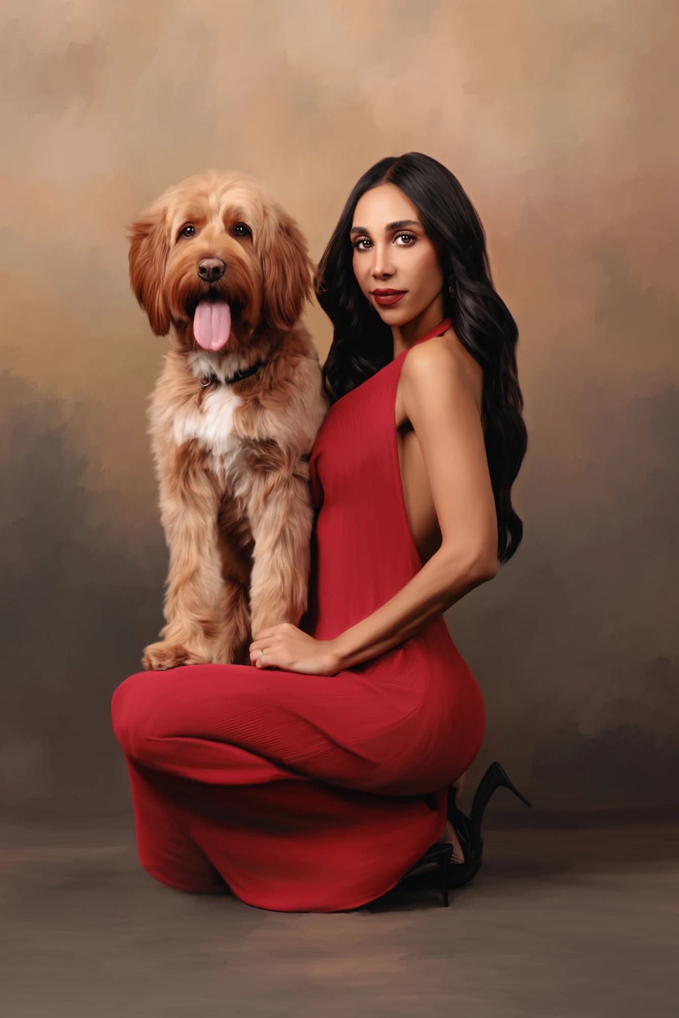 A woman in a red dress seated beside her shaggy brown-and-white dog