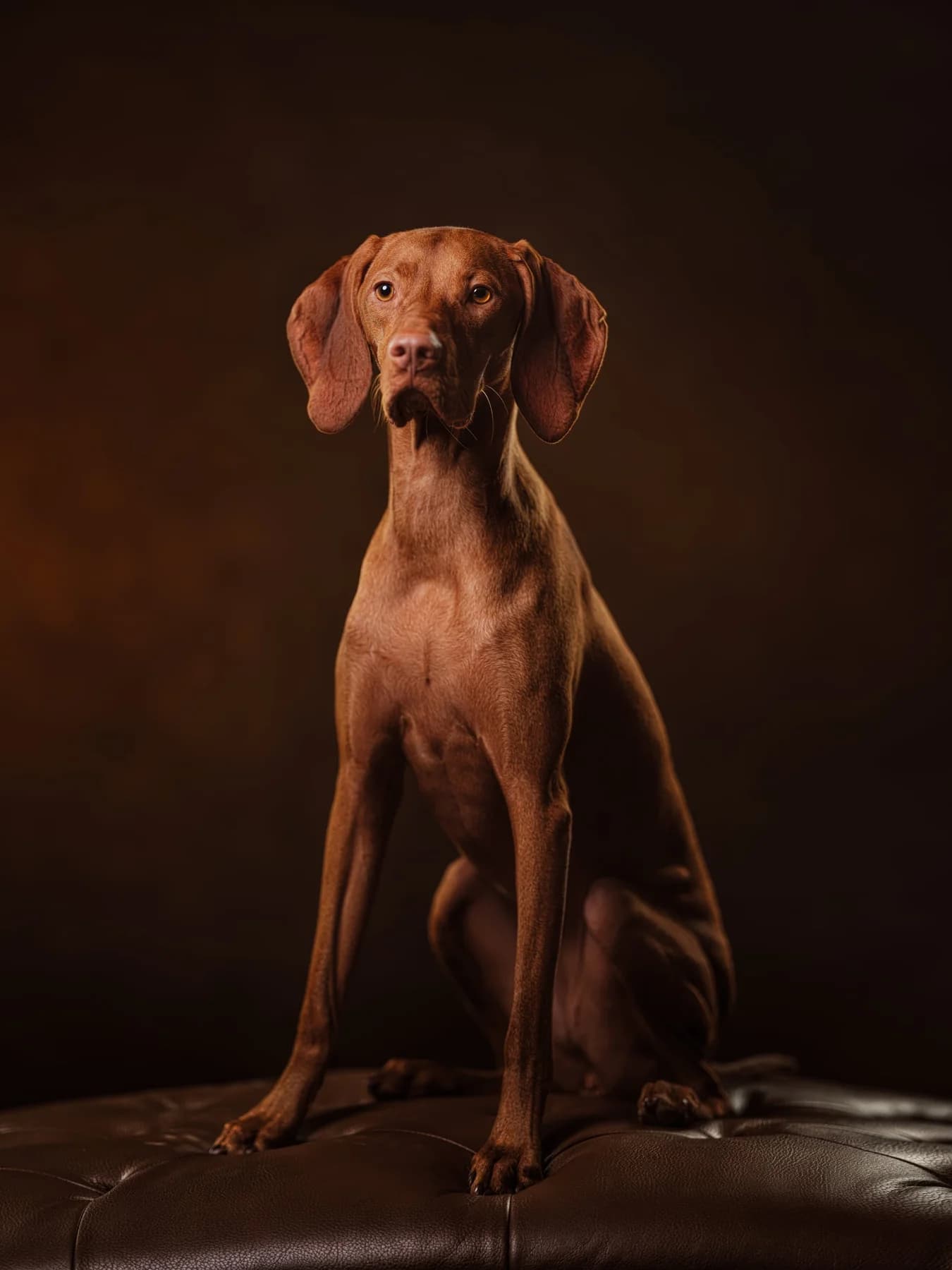 A russet dog seated on a dark leather ottoman