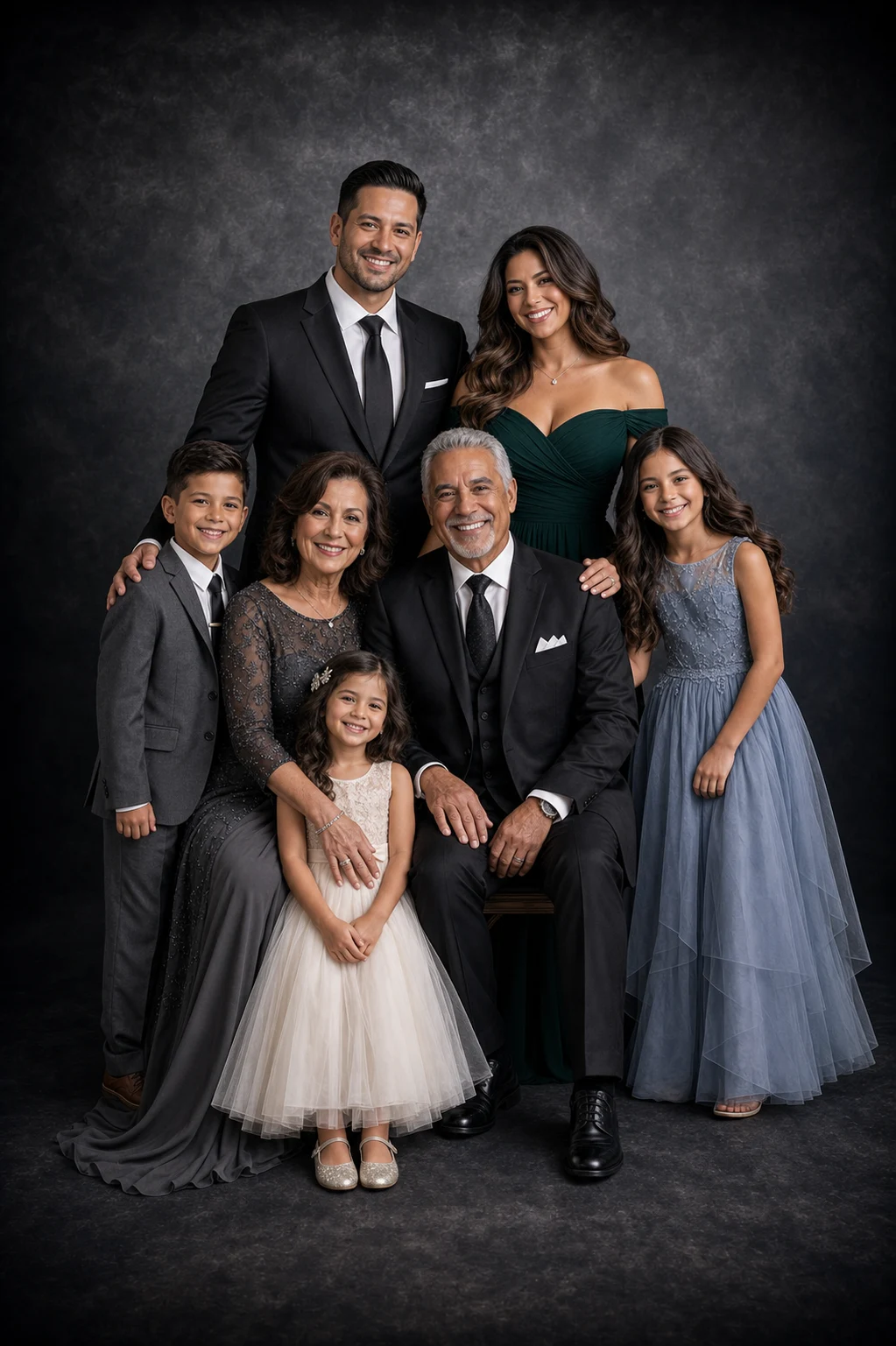 Three generations gathered in a charcoal studio setting