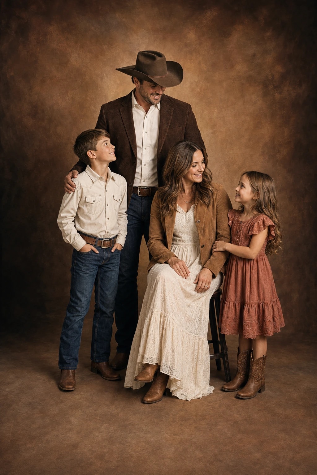 A family of four in western clothing, cowboy hats and boots against a copper studio backdrop